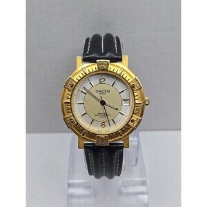 Gruen Sport Quartz Date Gold Tone Bezel 3ATM 100FT Mens Watch New Battery Analog